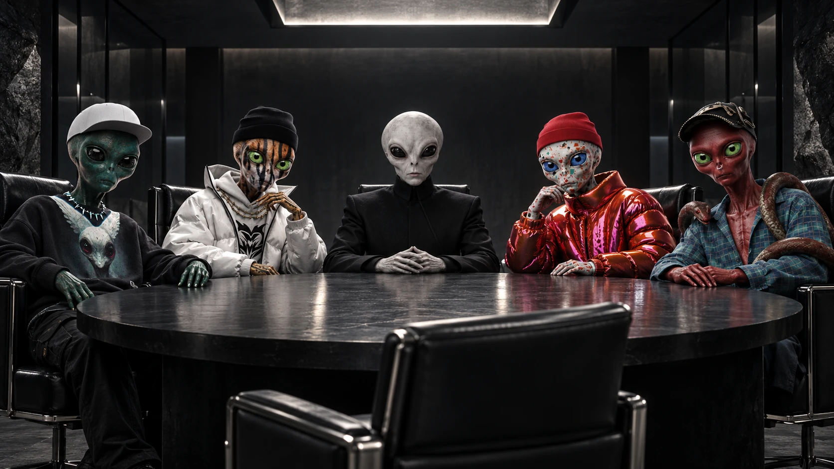 The Council around a black stone table, one leather chair left empty.